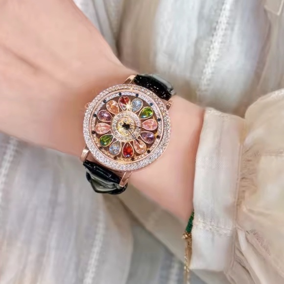 Luxury Rotating Petal Flower Dial Diamond Crystal Watch